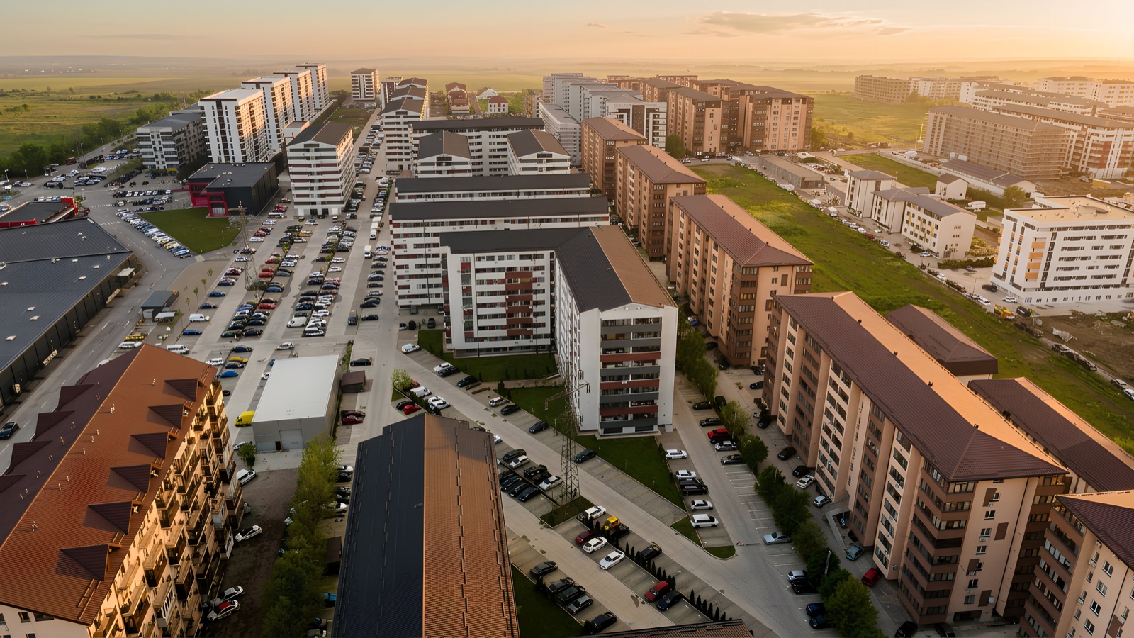 Panoramă aeriană a ansamblului în lumina serii